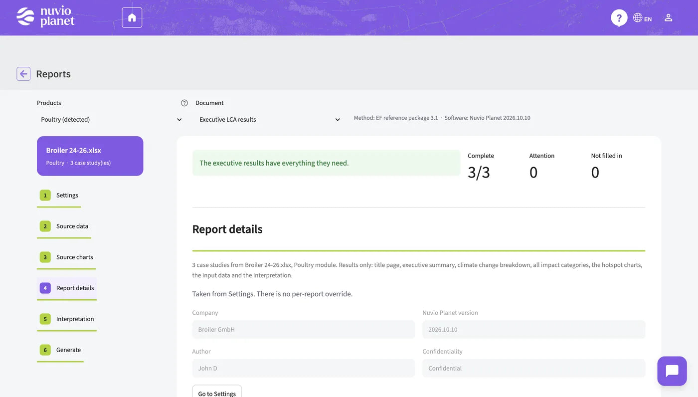 The Reports screen in LCA Live: six steps from settings and source data to interpretation and generate, with the executive LCA results document selected